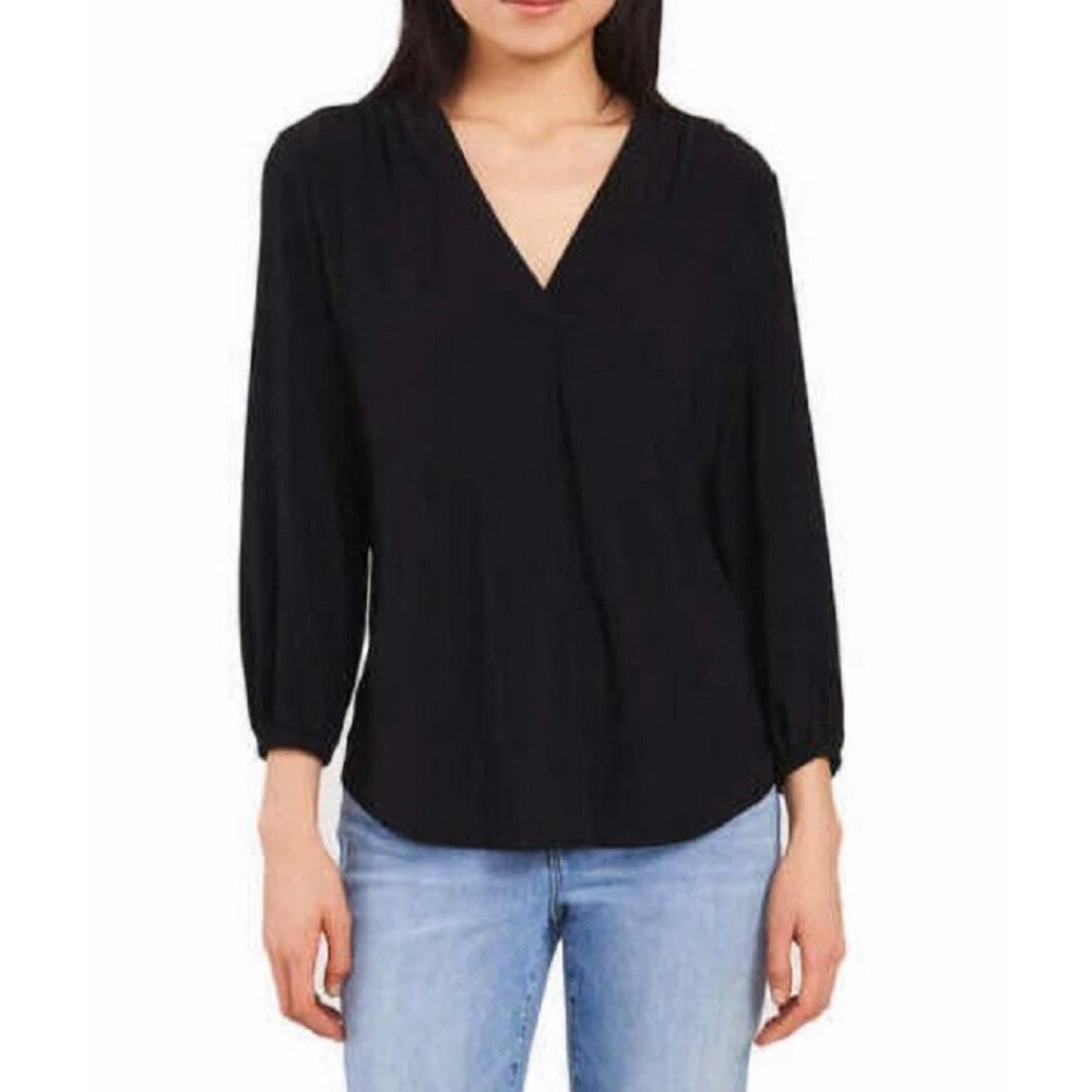 Two by Vince Camuto Womens Black V-Neck Blouse 3/4 Balloon Sleeve Top •S• Flowy